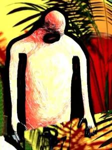 A cactus, and the shape of a man in a background with flora and fauna