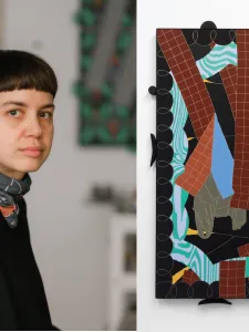 On the left, a headshot of Van Maltese. On the right, one their pieces (oil on panel, powder coated steel, wood, acrylic paint, magnets)