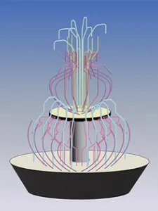 A colour illustration of an installation, "Crystal Waters", by artist Tyler Burey. Blue background, two-tiered fountain.