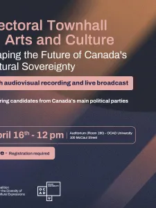 graphic with wording, Electoral Townhall on Arts and Culture, Shaping the Future of Canada's Cultural Sovereignty, April 16, 12 pm with free registration and logos of organizers