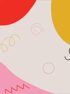 beige background with red, pink and yellow curvy shapes in foreground