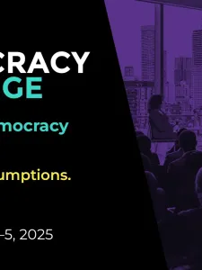 Poster for DemocracyXChange with white, blue and yellow lettering on black background (on left) and a purple background on the right, showing people in an audience. 