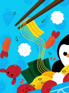 A cartoon penguin eating noodles.