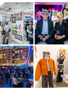 Composite of four photographs depicting scenes of GradEx 110, including two photos of visitors browsing the exhibition, a photograph of festivities on opening night, and OCAD U President Ana Serrano sitting with longtime supporters Rosalie and Isadore Sharp.