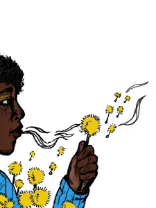 A person blowing dandelions
