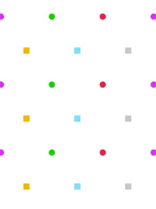 Colourful dots made of squares and circles.
