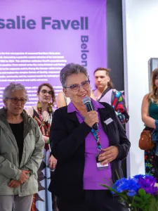 Rosalie Favell speaking at the opening of new retrospective exhibition