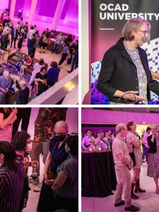 Celebration event for Dr. Caroline Langill; Top left: Guests; Top right: Dr. Langill (l) with President Serrano (r); Bottom left: Dr. Langill speaking with guests; Bottom right: Dr. Langill (centre) with guests. 