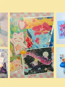Series of five artworks by different artists overlaid on a light yellow background.