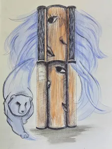 Drawing of an air conditioner tower with facial features and cool air flow imagery.