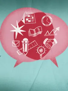 Blue background with two figures on the left and right side and two red speech bubbles in between them. Star, calendar, money, time, growth, lightbulb, handshake, envelope and pencil icons placed inside the bubbles.