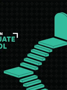 Black background with teal staircase graphics and Art & Design Grad School Fair Logo.