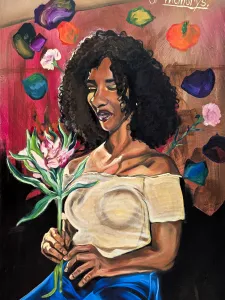 Curly hair, black/brown woman portrait with a flower in hand