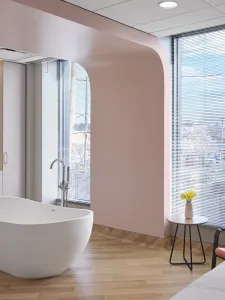 Birthing centre interior showing a birthing tub, sink and two windows looking out onto a cityscape. 