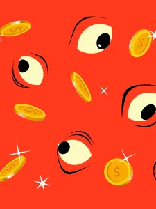 Orange background with drawing of eyes and coins in foreground