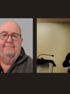 Two images of Peter Fraser, side by side. Headshot and an image of Peter standing next to a podium
