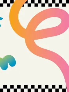 Cream coloured background with checkered top and bottom border and orange pink line in foreground and blue green shapes around it.