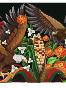 "The Shared Flight" 2025 mural by Diego Santamaría (HIDROCK). An ear of corn in the centre, with Two eagles, white trilliums and orange marigolds, on a black background.
