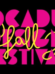The words OCAD U Design are in pink with fall across the words on a black background