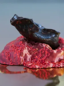 Artwork: Maria Simmons, Membranous Boundaries (detail), 2025. Image by Sasha Azanova. Red, Pink, Black and Dark Blue sculpture on blue and green background.