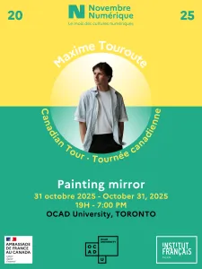 Poster of Maxine Touroute event at OCAD U with words, Painting mirror, Oct. 31 at 7 p.m., 100 McCaul St.