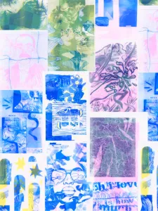 digital collage of risograph prints in blue, pink and yellow
