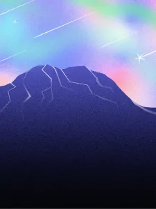 An illustration of a mountain under the Northern lights