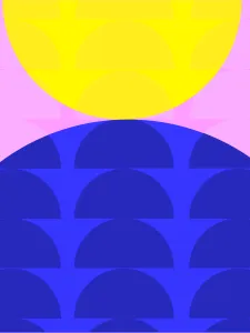 Pink background with half circle patterns and a large blue and yellow half circle in the center foreground