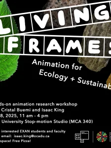 Black background poster with leave and stone. Workshop information in white font