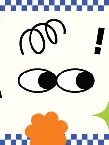 White background with blue checkered border, blue, orange and pink shapes in foreground with cartoon eyes looking to the right. 