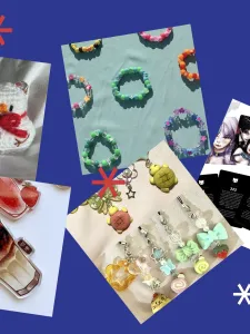 Blue background with student artwork and white and red stars in foreground