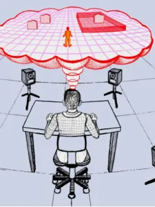 Three photos related to technology, left photo is a bug with connecting dots and numbers 0 and 1; middle photo is person at desk with cameras facing them and a red word cloud of a person and file; at right, mechanical black box with yellow, red and green buttons
