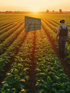 AI generated image of a farmer in a field wearing virtual reality headset.
