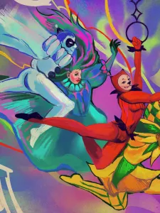 A digital painting of four playful circus performers in high saturation colour.