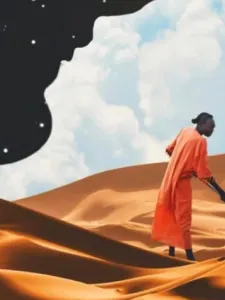 Illustration of a person working in a desert with a small body of water