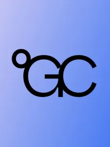 Blue gradient with a black logo