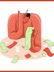 Orange border with white background. Illustrated character with a stressed expression, looking down at an invoice in their hand.
