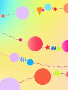 Rainbow gradient background with shapes in foreground