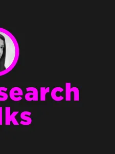 Header image with speaker, Ala Roushan's photo in a magenta circle. The text reads Research Talks