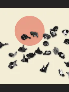 overhead shot of people walking on a light yellow ground with an orange pattern.