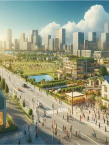 An illustration of a neighbourhood of homes in the foreground with pond and skyscrapers in the background