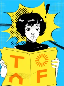 Blue background with yellow grid pattern, black lines and dots. An illustrated figure reading a TOAF magazine in foreground.