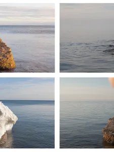Artwork: April Hickox, Vantage Point-Passing series, n.d., four colour photographs in a grid of the lake from Toronto islands, from the same vantage point with various water, sky, climate, and season.