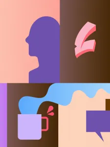 Illustrated graphics of two human figures, paint brushes, folders, coffee mug and dialogue box.