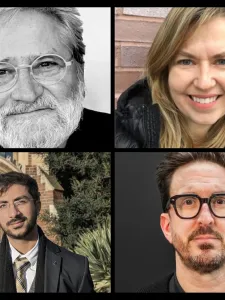 Four photos of people, top left, man with white beard wearing glasses and beard, top right, woman with medium long blond hair, bottom left, man wearing suit, white shirt and tie has glasses and mustache, bottom right, man wearing glasses with beard and mustache and dark hair