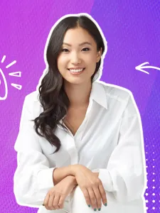 Purple background with headshot of Shilbee Kim in the center with megaphone icon on the left and arrow icon on the right.