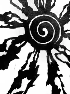 black and white swirl pattern with radiation