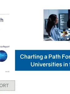 Cover of report with wording, Charting a path forward for Ontario universities in the age of AI, with photo of person at computer, and another photo of a teacher in a classroom