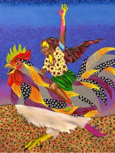 A colourful painting featuring a rooster with a girl on its back, against a deep blue and purple ski and ground