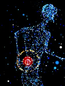 An illustration of a body, blue speckled dots, with a red circle at the back of the person to illustrate back pain